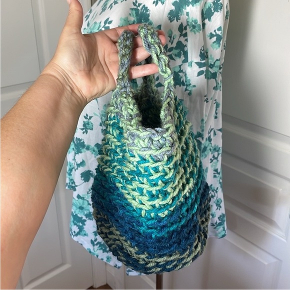 Handmade Basket Organization Green Blue Crochet Decor Hand Crafted Chunky Knit - Picture 12 of 17
